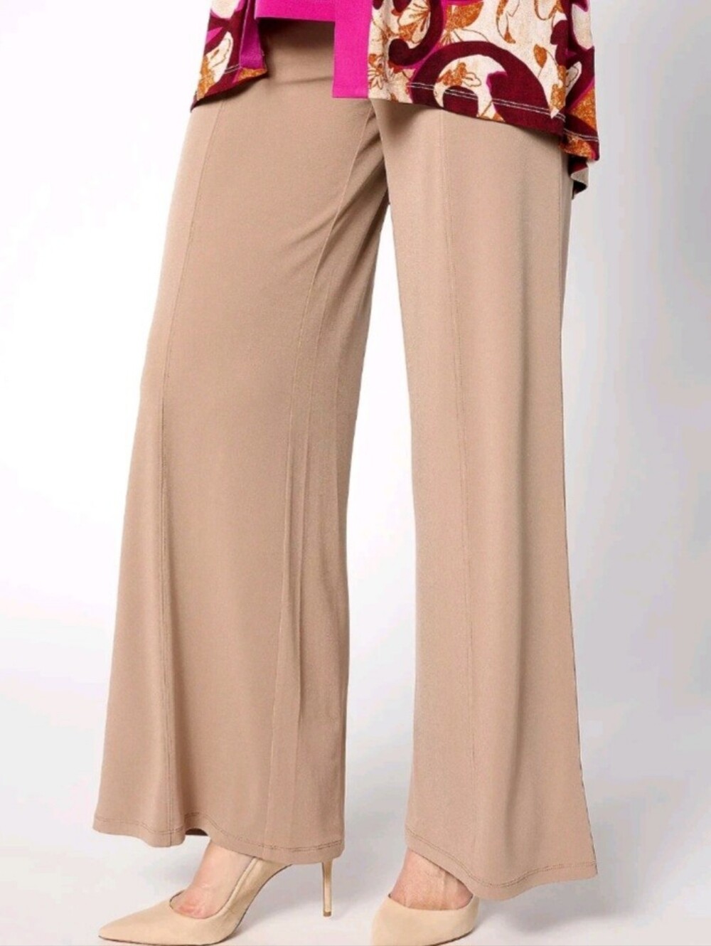 Susan Graver Liquid Knit Cream Tan Wide Leg Drawstring Pant Size Large